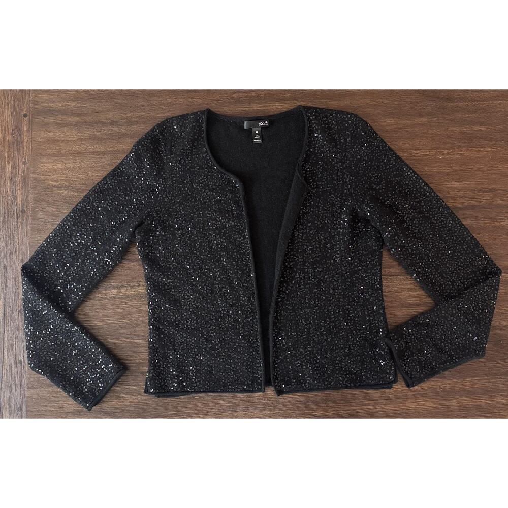 Aqua Cashmere Cardigan Sweater Womens Medium Black Sequin Party Embellished